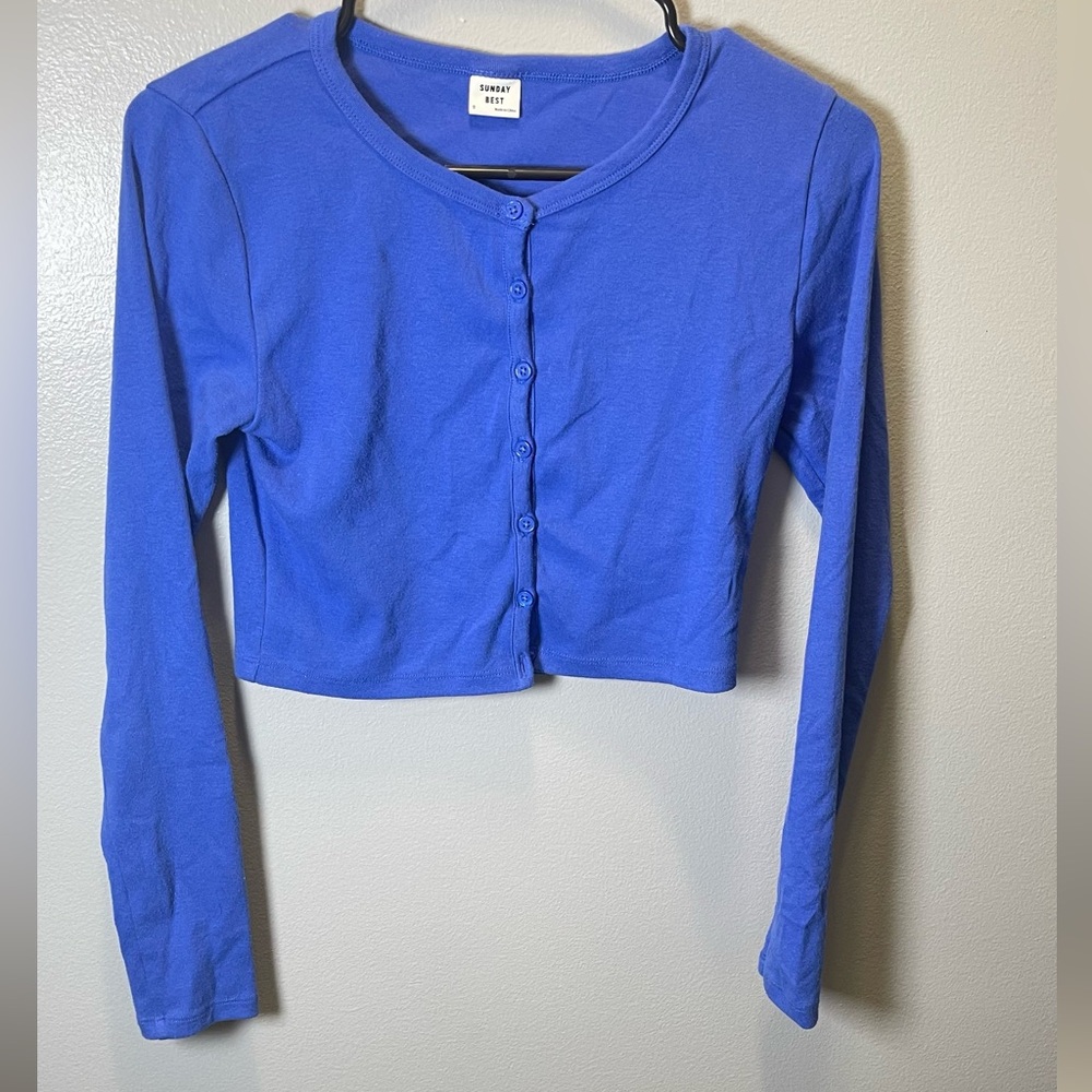 Aritzia Sunday Best Women's Blue Cropped Button Up Izzy Cardigan Size Small